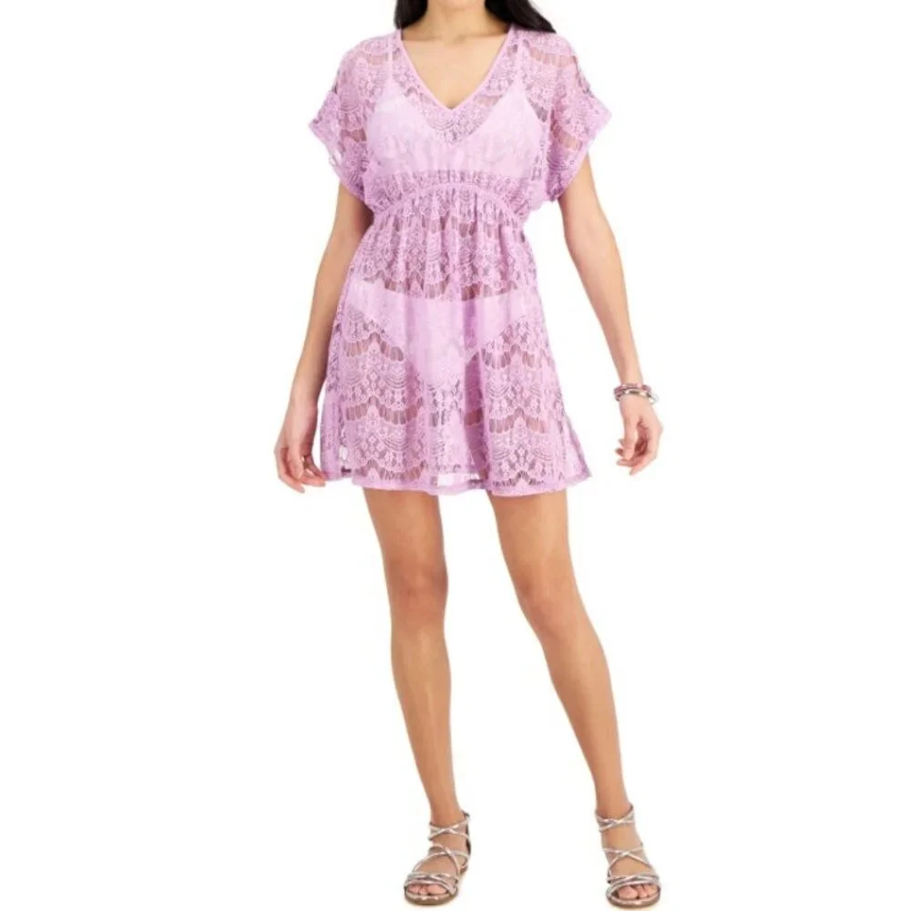 MIKEN Women's Lace Cold-Shoulder Swim Cover-Up Violet Tulle - Picture 2 of 7